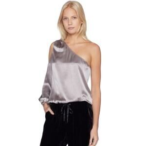 Joie Silver One Shoulder Cinched Hem Cut Out Silk Blouse Abatha Top Size Medium